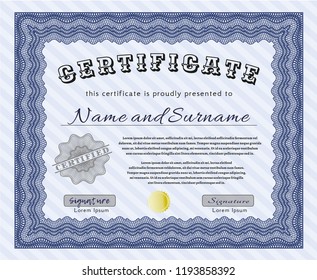 Blue Sample Certificate. Nice design. Vector illustration. With guilloche pattern. 