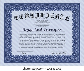 Blue Sample Certificate. Printer friendly. Good design. Vector illustration. 