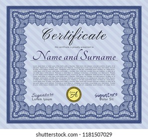 Blue Sample Certificate. Retro design. Detailed. With guilloche pattern. 
