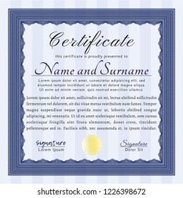 Blue Sample Certificate. Retro design. With guilloche pattern and background. Vector illustration. 