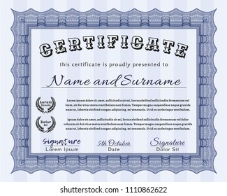 Blue Sample Certificate. Sophisticated design. Vector illustration. With background. 