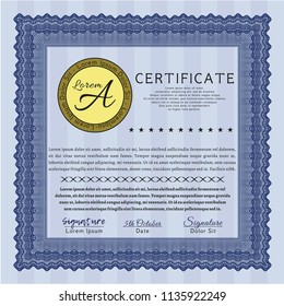 Blue Sample Certificate. Superior design. Printer friendly. Vector illustration. 