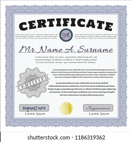 Blue Sample Certificate. Superior design. Customizable, Easy to edit and change colors. Easy to print. 