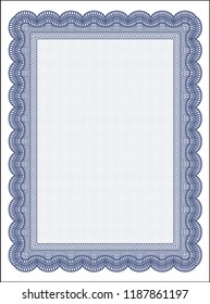 Blue Sample Certificate. Superior design. Vector illustration. With complex background. 