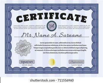 Blue Sample Certificate. Vector illustration. With linear background. Cordial design. 