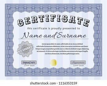 Blue Sample Diploma. With background. Money style design. Customizable, Easy to edit and change colors. 