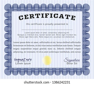 Blue Sample Diploma. With background. Money Pattern. Detailed. 