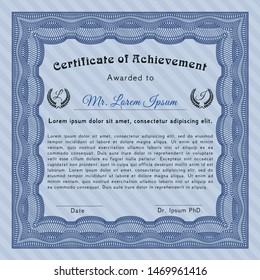 Blue Sample Diploma. With background. Money Pattern design. Detailed. 
