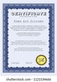 Blue Sample Diploma. Beauty design. Detailed. With guilloche pattern and background. 