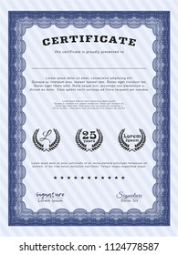 Blue Sample Diploma. Complex background. Vector illustration. Elegant design. 