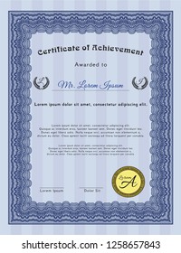 Blue Sample Diploma. Complex background. Detailed. Money style design. 
