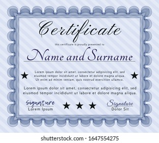 Blue Sample Diploma. Complex background. Vector illustration. Money style design. 