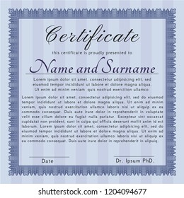 Blue Sample Diploma. With complex linear background. Customizable, Easy to edit and change colors. Money Pattern. 