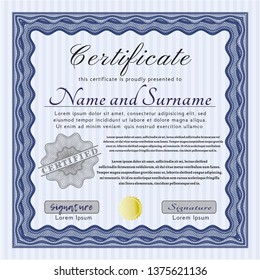 Blue Sample Diploma. Cordial design. Vector illustration. Complex background. 
