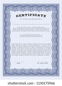 Blue Sample Diploma. Detailed. With complex linear background. Modern design. 