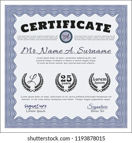 Blue Sample Diploma. Detailed. With complex background. Sophisticated design. 