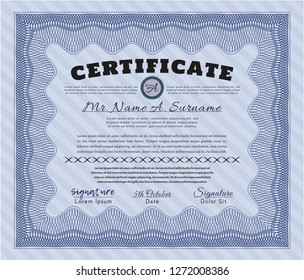 Blue Sample Diploma. Detailed. With complex linear background. Lovely design. 