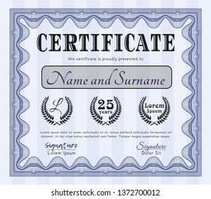 Blue Sample Diploma. Detailed. With linear background. Money Pattern design. 