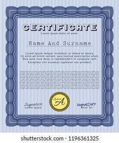 Blue Sample Diploma. Elegant design. Easy to print. Customizable, Easy to edit and change colors. 