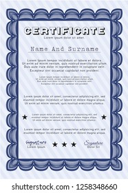 Blue Sample Diploma. Elegant design. With complex linear background. Detailed. 