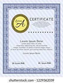 Blue Sample Diploma. Excellent design. Customizable, Easy to edit and change colors. With guilloche pattern and background. 