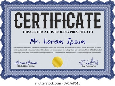 Blue Sample Diploma. Frame certificate template Vector. Elegant design. With linear background. 