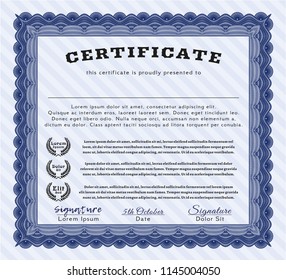 Blue Sample Diploma. With great quality guilloche pattern. Money Pattern design. Customizable, Easy to edit and change colors. 
