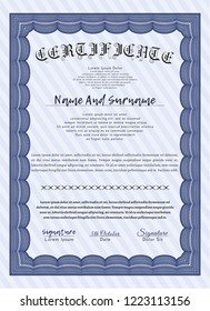 Blue Sample Diploma. With great quality guilloche pattern. Detailed. Money Pattern design. 