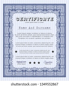 Blue Sample Diploma. With great quality guilloche pattern. Vector illustration. Sophisticated design. 
