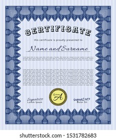 Blue Sample Diploma. With great quality guilloche pattern. Vector illustration. Cordial design. 