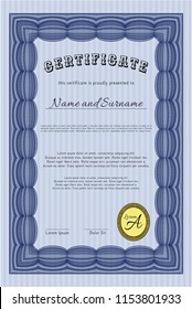 Blue Sample Diploma. With guilloche pattern. Vector illustration. Perfect design. 