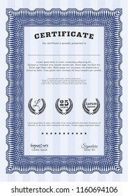 Blue Sample Diploma. With guilloche pattern. Detailed. Money Pattern. 