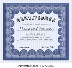 Blue Sample Diploma. With guilloche pattern. Customizable, Easy to edit and change colors. Good design. 