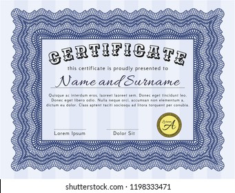Blue Sample Diploma. With guilloche pattern and background. Vector illustration. Money Pattern design. 