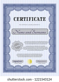 Blue Sample Diploma. With guilloche pattern and background. Perfect design. Detailed. 