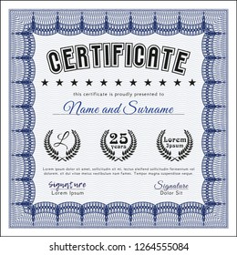 Blue Sample Diploma. With guilloche pattern and background. Superior design. Customizable, Easy to edit and change colors. 