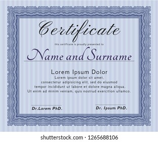 Blue Sample Diploma. With guilloche pattern and background. Detailed. Money Pattern. 