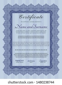 Blue Sample Diploma. With guilloche pattern and background. Money Pattern design. Detailed. 