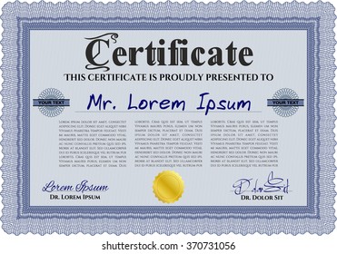 Blue Sample Diploma. With linear background. Elegant design. Frame certificate template Vector. 