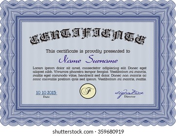 Blue Sample Diploma. Lovely design. With linear background. Vector pattern that is used in money and certificate.