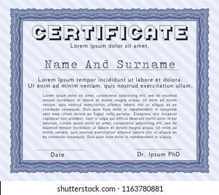 Blue Sample Diploma. Modern design. Complex background. Detailed. 