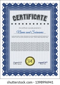 Blue Sample Diploma. Modern design. With guilloche pattern. Detailed. 