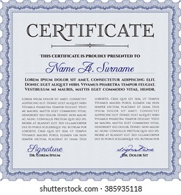 Blue Sample Diploma. Modern design. With linear background. Frame certificate template Vector. 