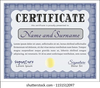 Blue Sample Diploma. Money Pattern. Customizable, Easy to edit and change colors. With guilloche pattern and background. 