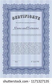 Blue Sample Diploma. Money Pattern. Complex background. Vector illustration. 