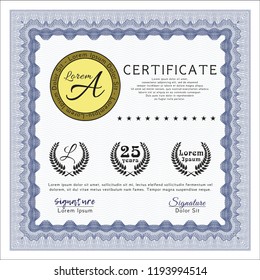 Blue Sample Diploma. Money Pattern. Easy to print. Vector illustration. 