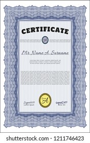 Blue Sample Diploma. Money Pattern design. With linear background. Customizable, Easy to edit and change colors. 