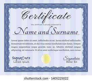 Blue Sample Diploma. Money Pattern. With linear background. Customizable, Easy to edit and change colors. 