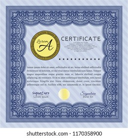 Blue Sample Diploma. Money style design. Detailed. With guilloche pattern and background. 