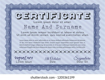 Blue Sample Diploma. Perfect design. With guilloche pattern. Vector illustration. 